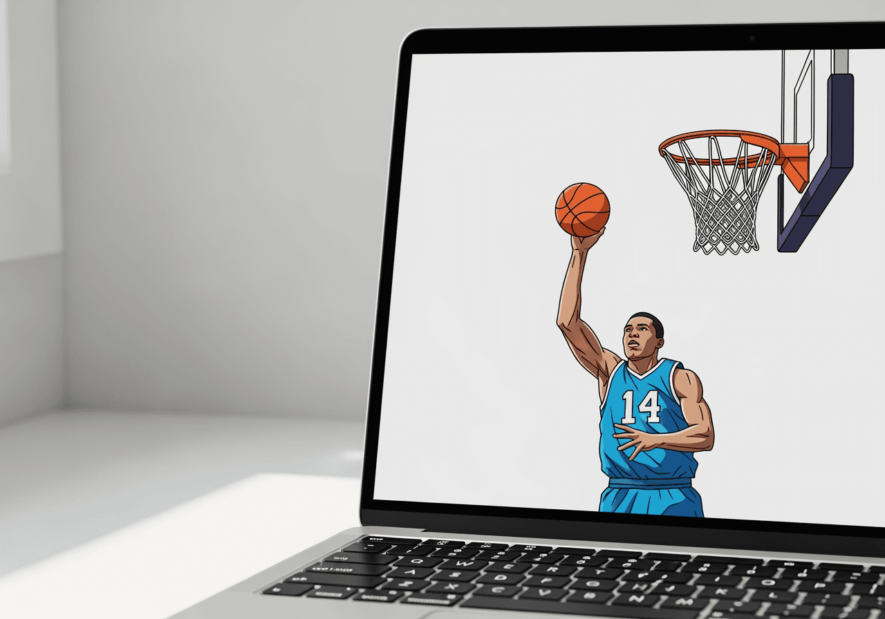 Pantalla de portátil mostrando una ilustración vectorial vibrante de un jugador de baloncesto haciendo un mate