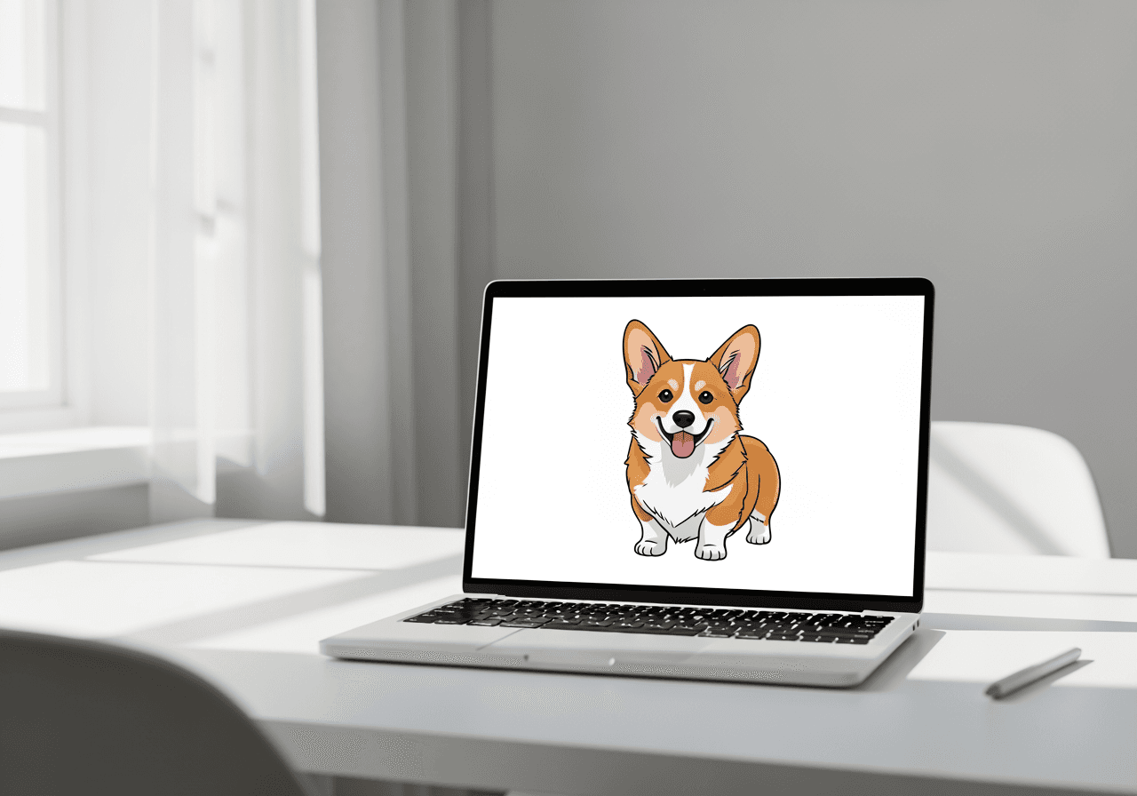 Clipart de Corgi gallois généré par l'IA affiché sur un écran d'ordinateur portable dans un espace de travail moderne