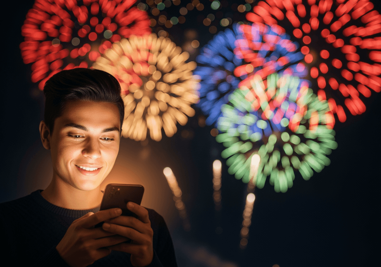 Pessoa sorrindo olhando para o smartphone com fundo de fogos de artifício de Ano Novo