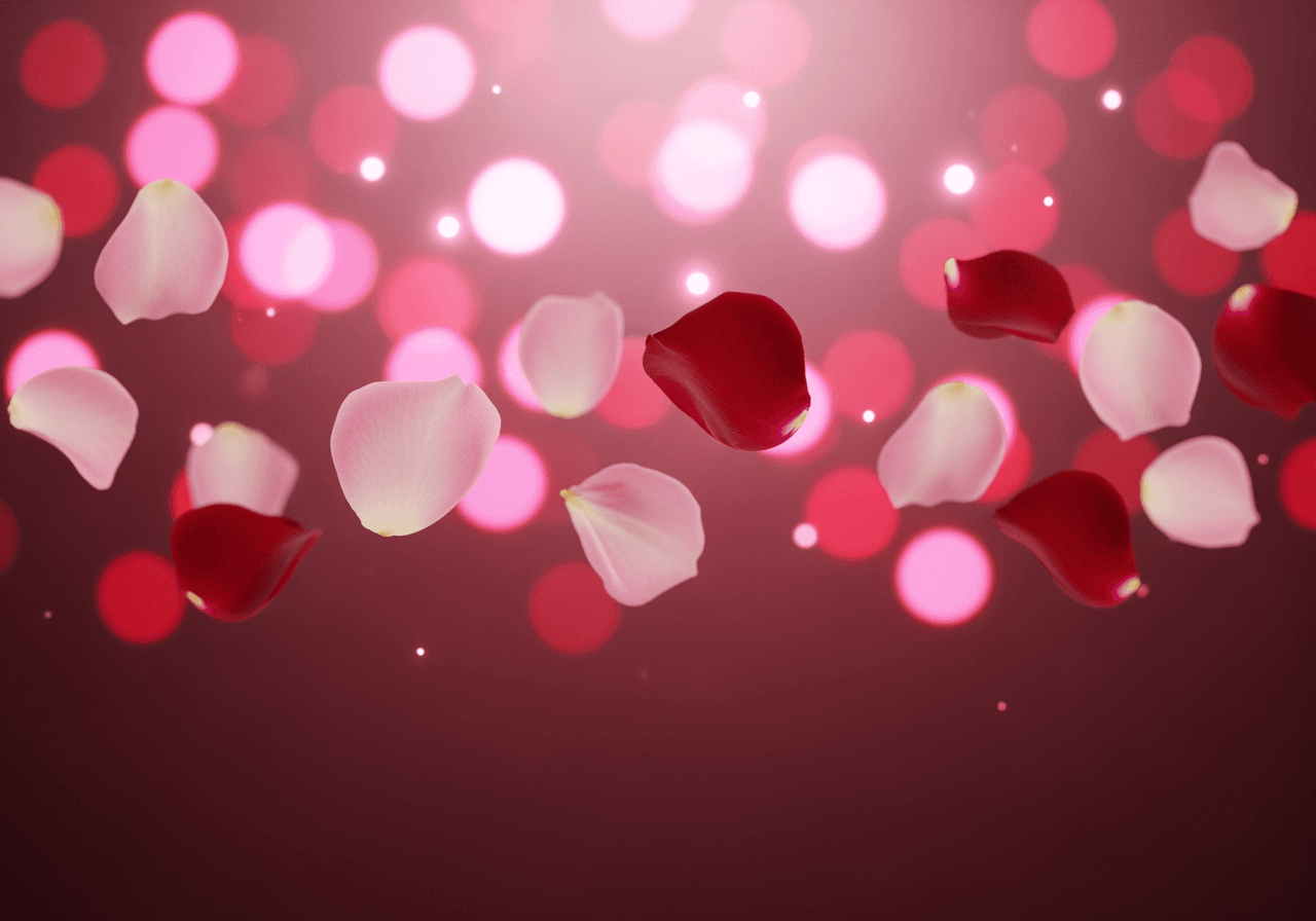 Romantic Valentine's Day background with floating rose petals and dreamy lighting