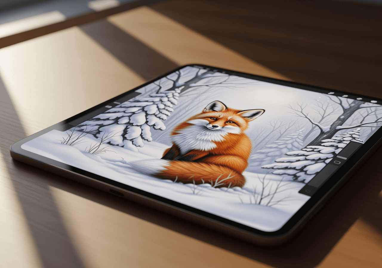 Schizzo digitale a matita di una volpe rossa in una foresta invernale sullo schermo di un tablet