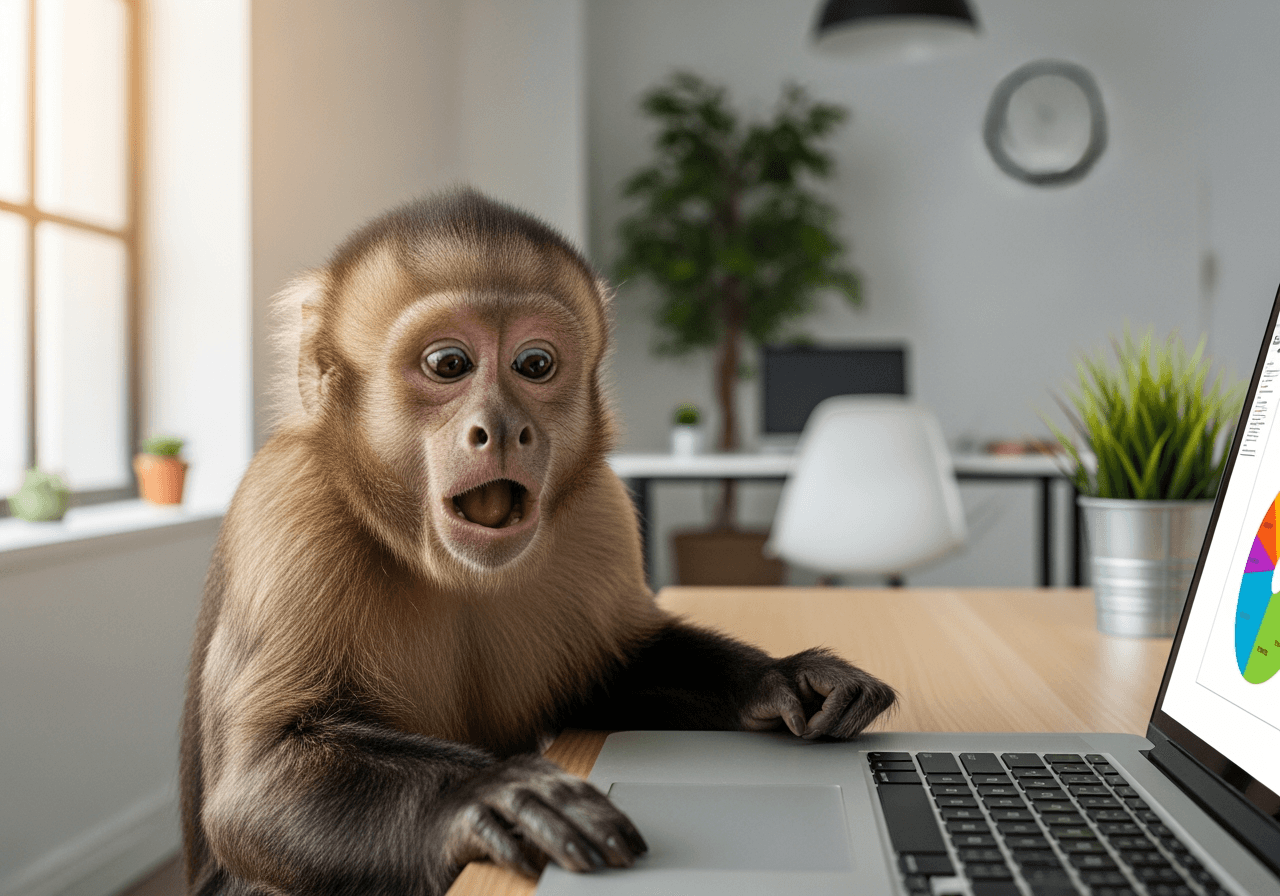 Una scimmia divertente con un'espressione scioccata che guarda lo schermo di un portatile