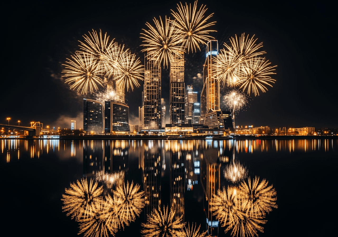 夜の近代的な都市のスカイラインの上に広がる壮大な大晦日の花火。