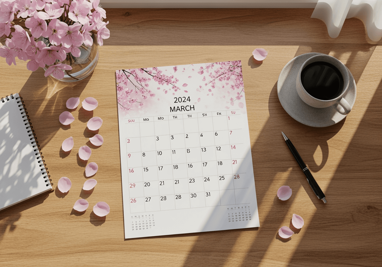 Paesaggio scrivania accogliente con calendario di marzo a tema fiori di ciliegio e caffè