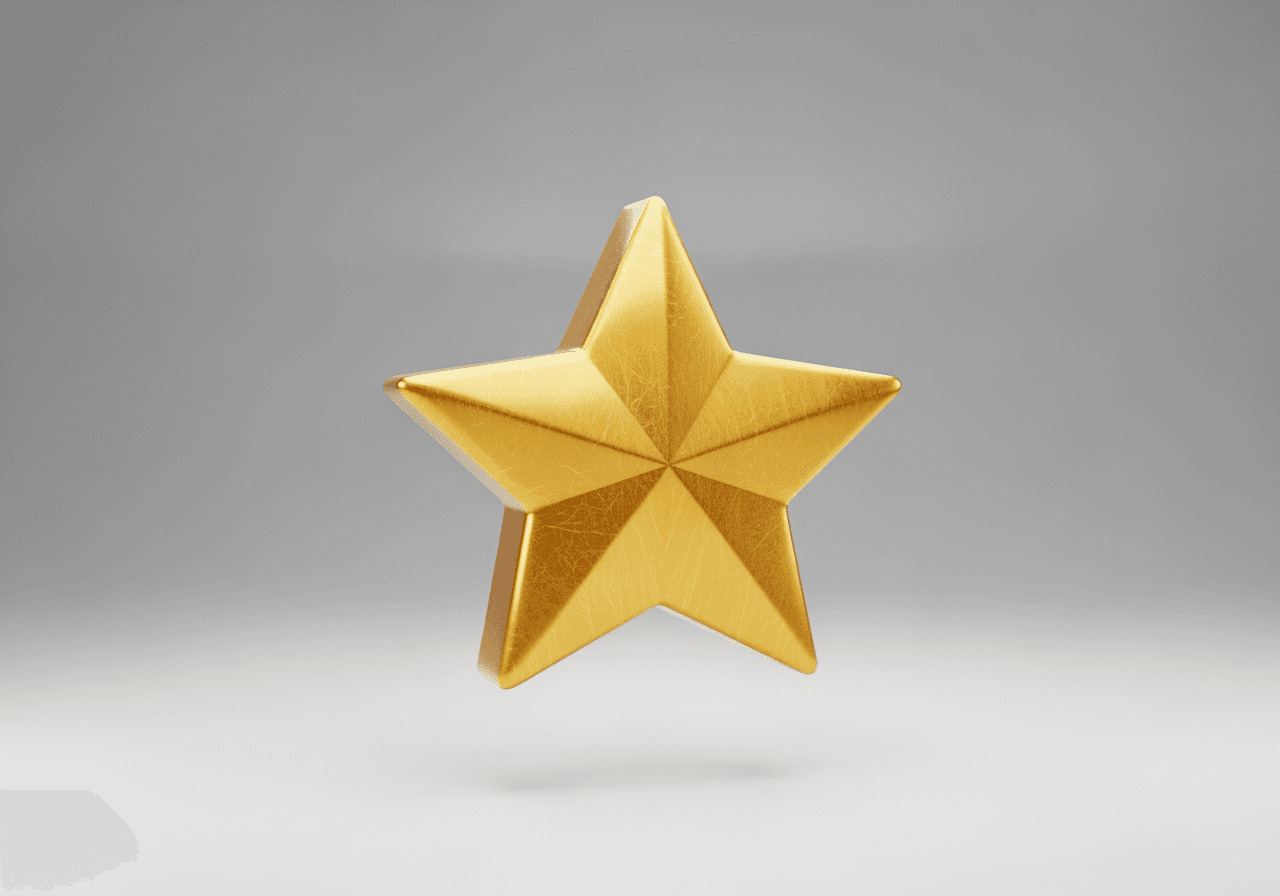 Glänzendes 3D-Goldstern-Symbol, das in einer minimalistischen Studioumgebung schwebt