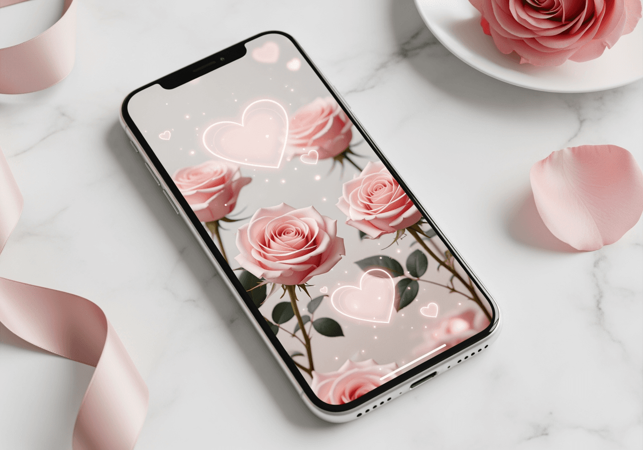 Smartphone mostrando un fondo de pantalla romántico de San Valentín con rosas rosa pastel