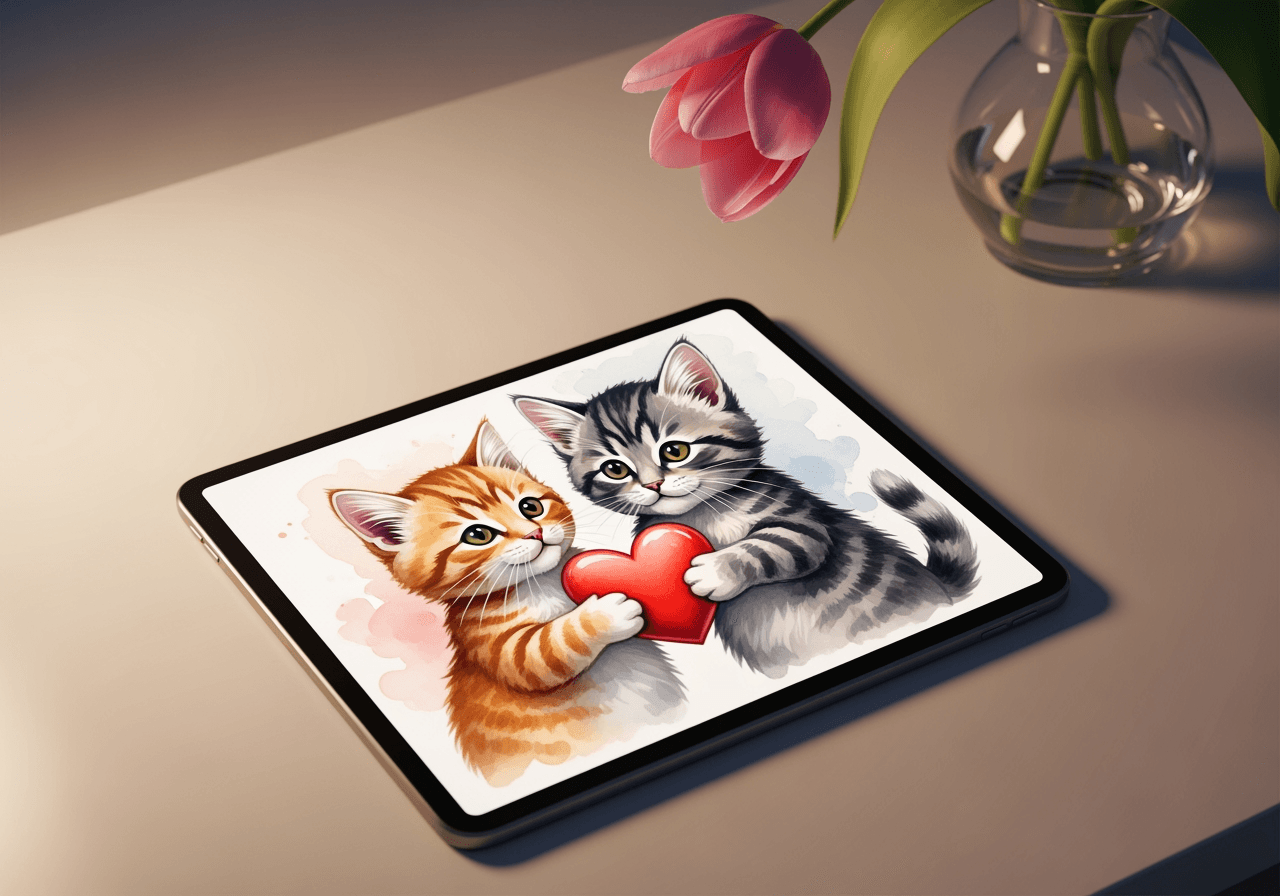 Watercolor painting of kittens holding a heart displayed on a tablet screen