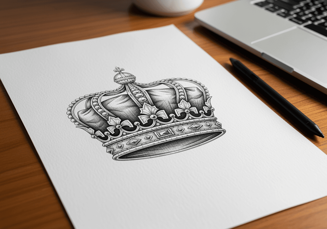 Detaillierte Federzeichnung einer mittelalterlichen Krone auf einem Arbeitstisch