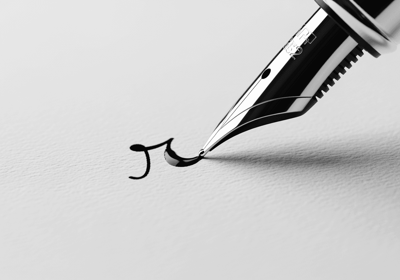 钢笔笔尖在纹理纸上书写小写草写 'r' 的特写微距照片