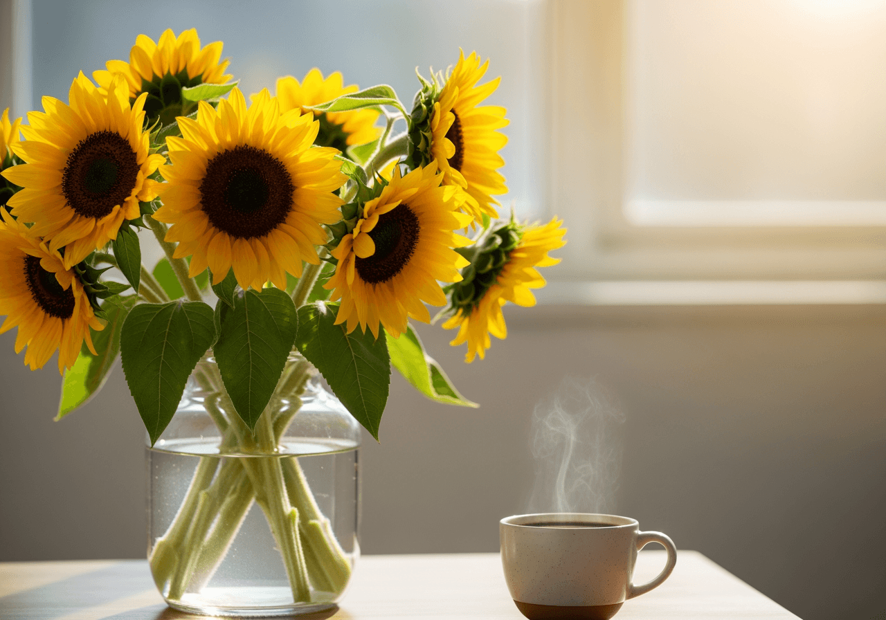 Helle Morgenszene mit Sonnenblumen und Kaffee für einen fröhlichen Donnerstag