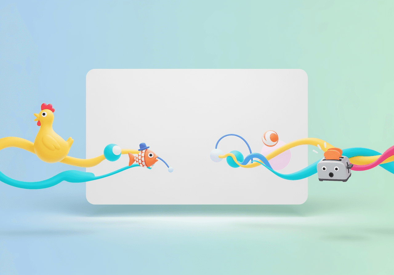 一张干净、现代、简约的图片，代表着一个搞笑壁纸生成器。创意想法流入数字画布的抽象风格化表现，带有微妙的幽默元素。