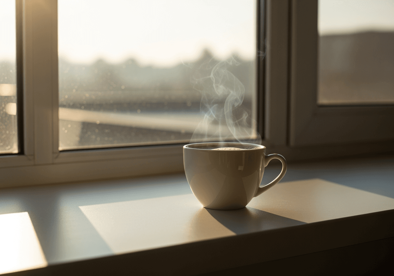 따뜻한 햇살이 비치는 창가에 놓인 김이 모락모락 나는 커피잔 이미지