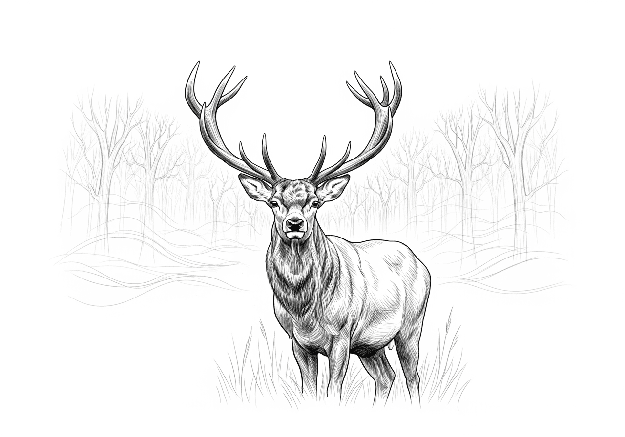 Esboço a lápis de um cervo majestoso em uma floresta enevoada.