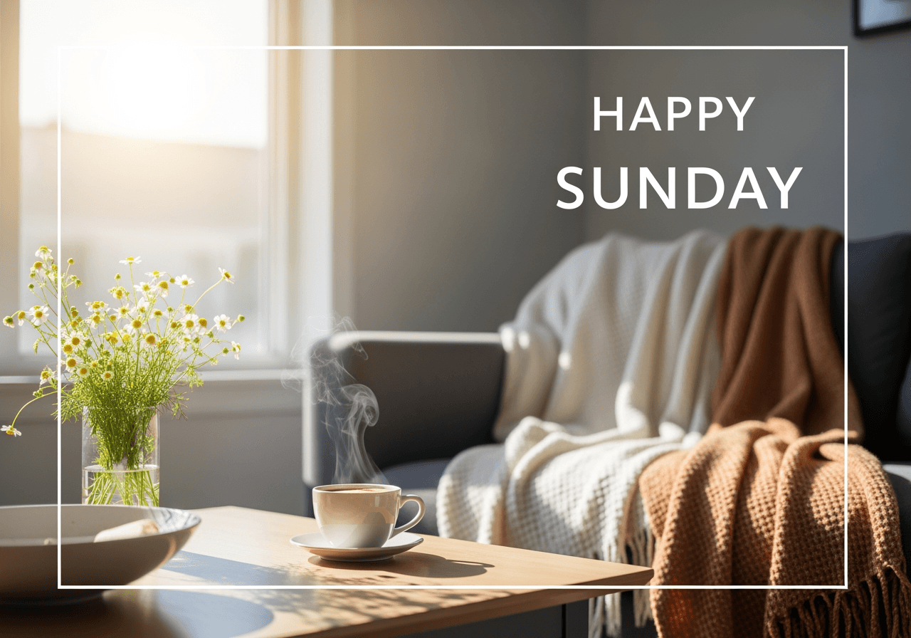 Eine „Schönen Sonntag“-Grußkarte mit einem gemütlichen Wohnzimmer bei Sonnenschein, Kaffee und Blumen.