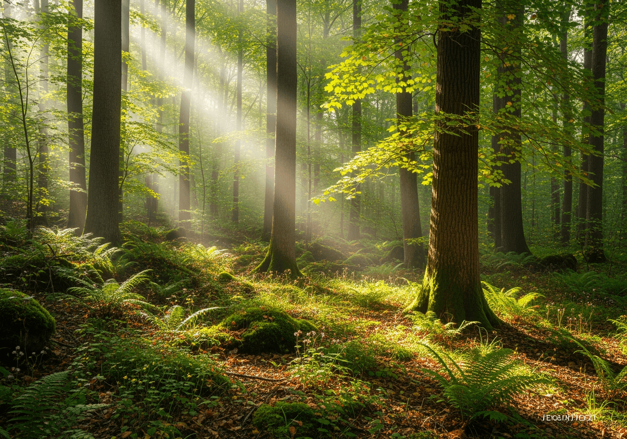 Uma imagem de floresta exuberante e pacífica com luz solar filtrando.