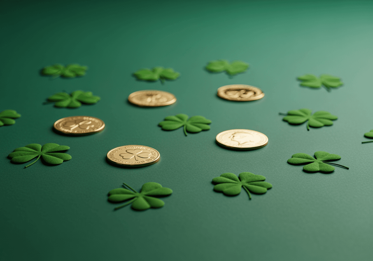 Fondo limpio y moderno con temática del Día de San Patricio, con tréboles de cuatro hojas y monedas de oro.
