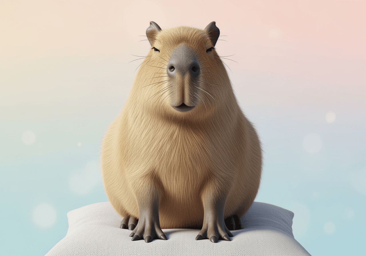 귀엽고 둥근 카피바라가 부드러운 쿠션에 앉아 미소 짓고 있는 모습