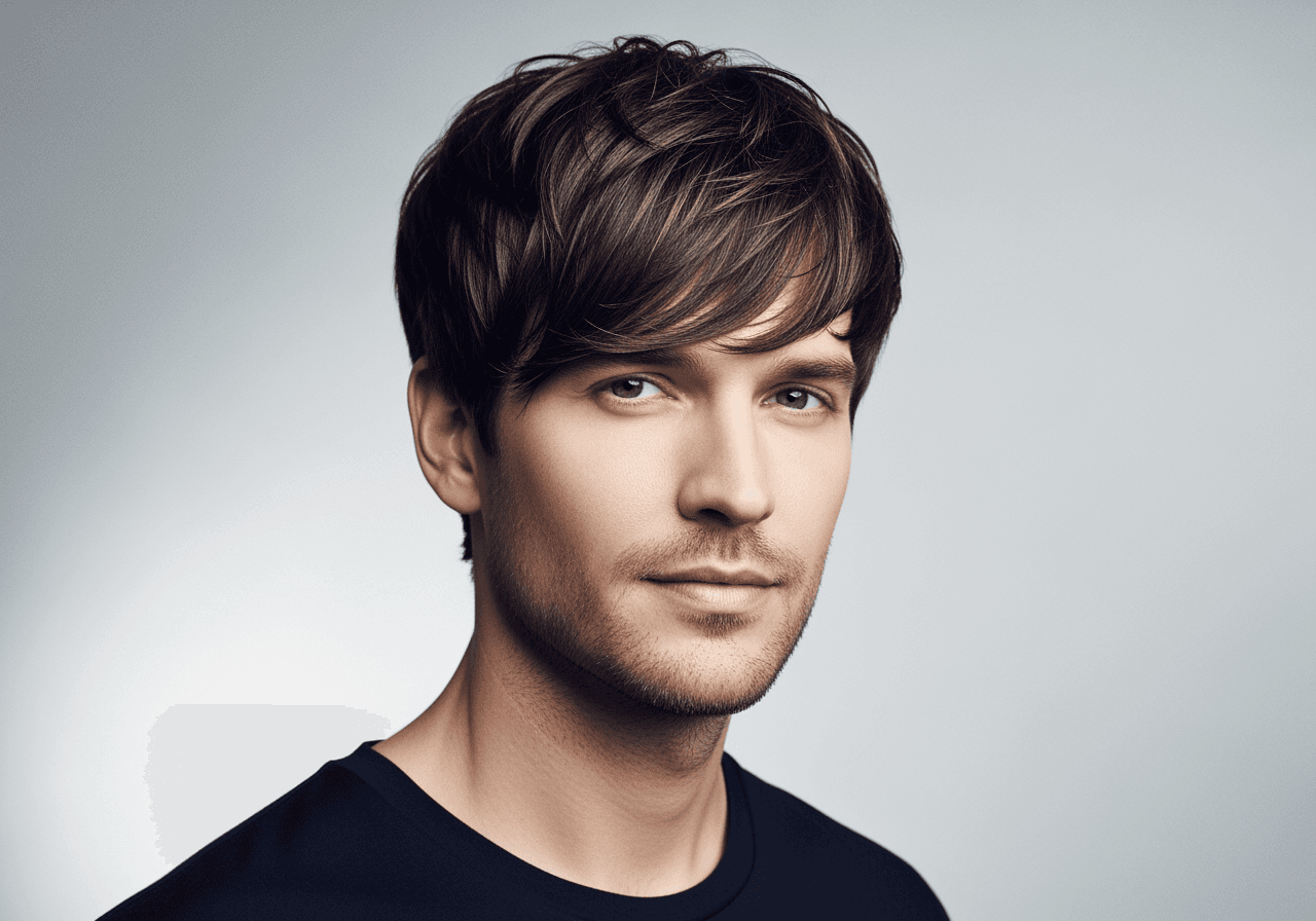 Retrato de um homem com um penteado de franja despojada, destacando volume e textura naturais