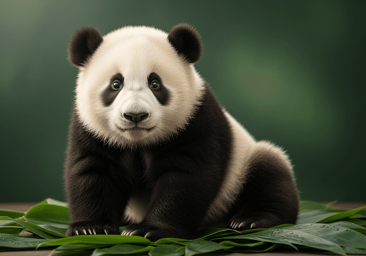 Ein süßer Baby-Panda sitzt auf Bambusblättern und blickt in die Kamera