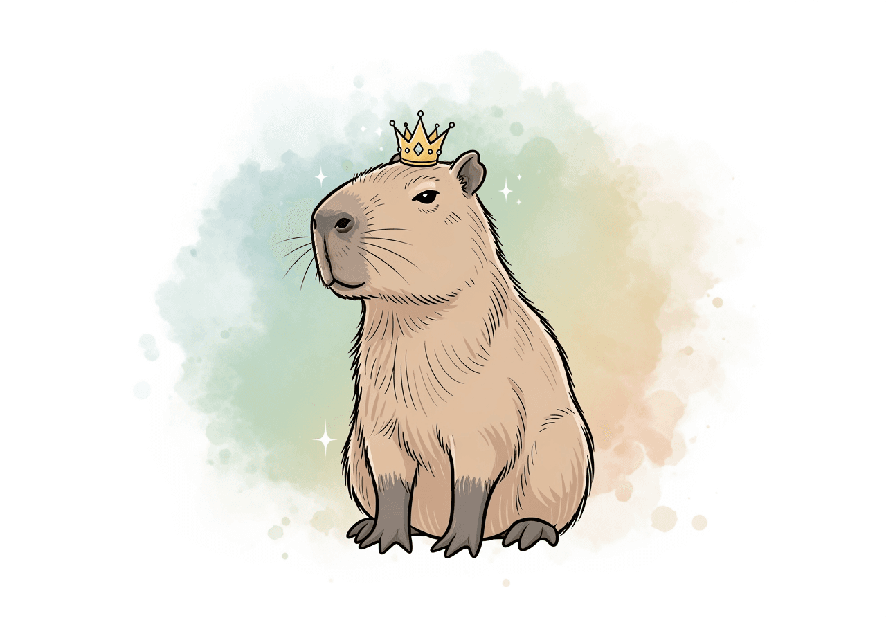 Un'illustrazione minimalista di un capibara carino con una corona, seduto serenamente, con un morbido sfondo ad acquerello, che simboleggia la generazione di arte AI.