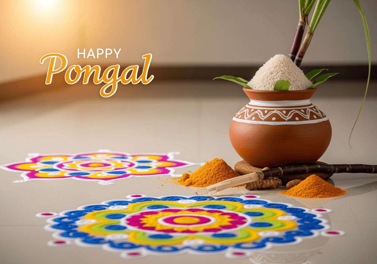 Design tradizionale di biglietto d'auguri che cattura il calore del festival di Pongal