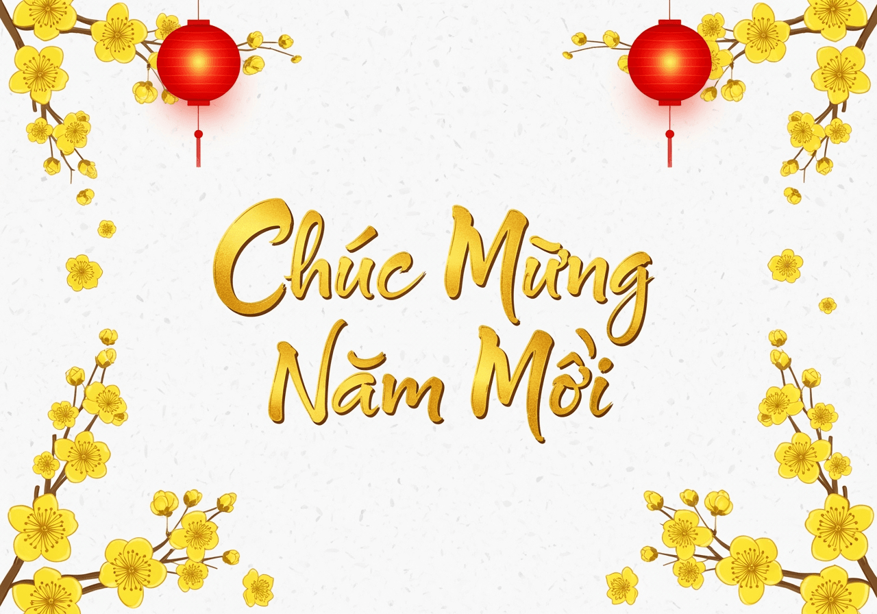 ベトナムの旧正月（テト）を祝う「Chuc Mung Nam Moi」のカリグラフィーと象徴的な要素が描かれたお祝いの画像