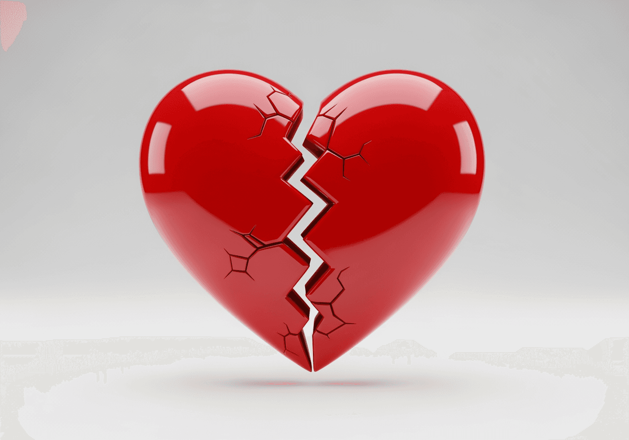 Emoji di cuore infranto rosso lucido renderizzata in 3D su sfondo bianco