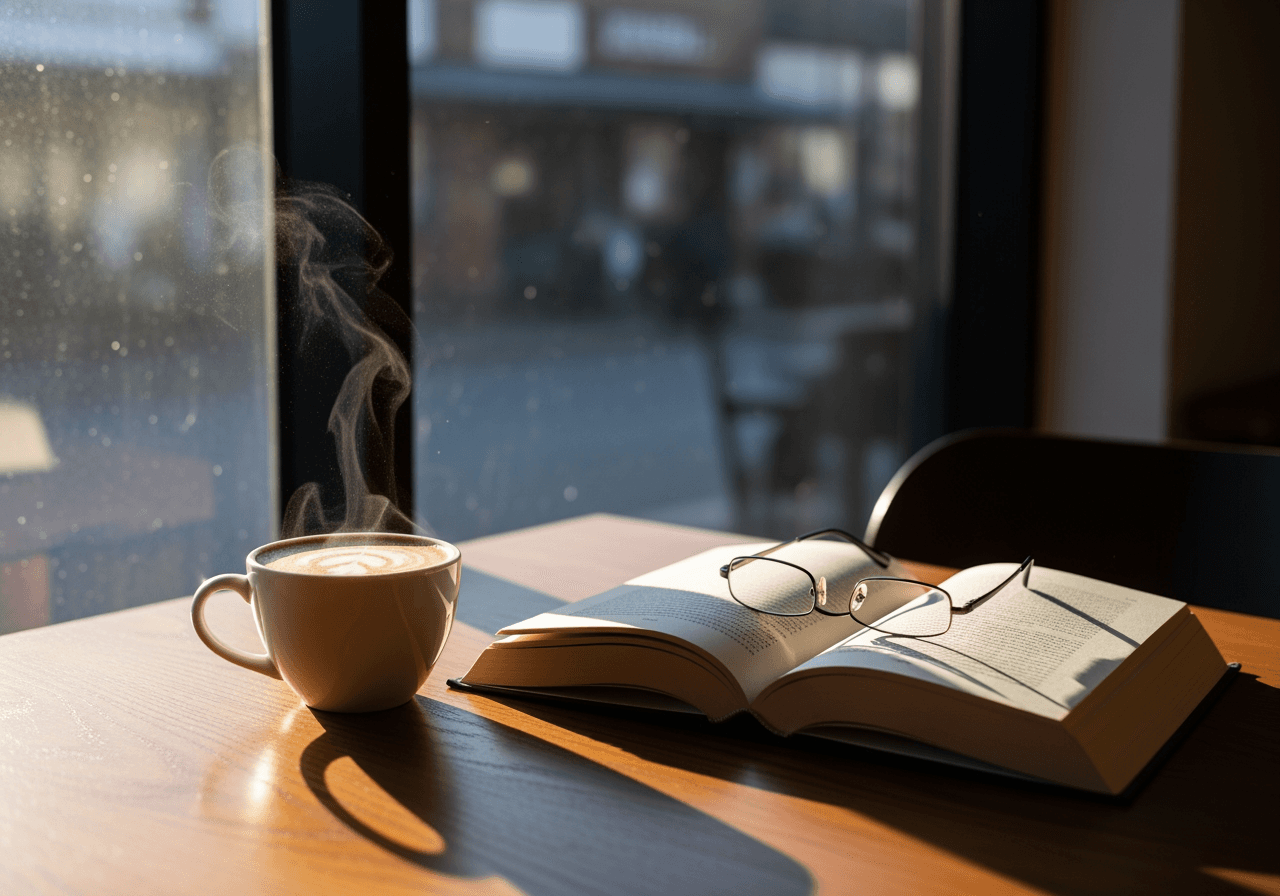아늑한 카페 창가에 놓인 라떼와 책