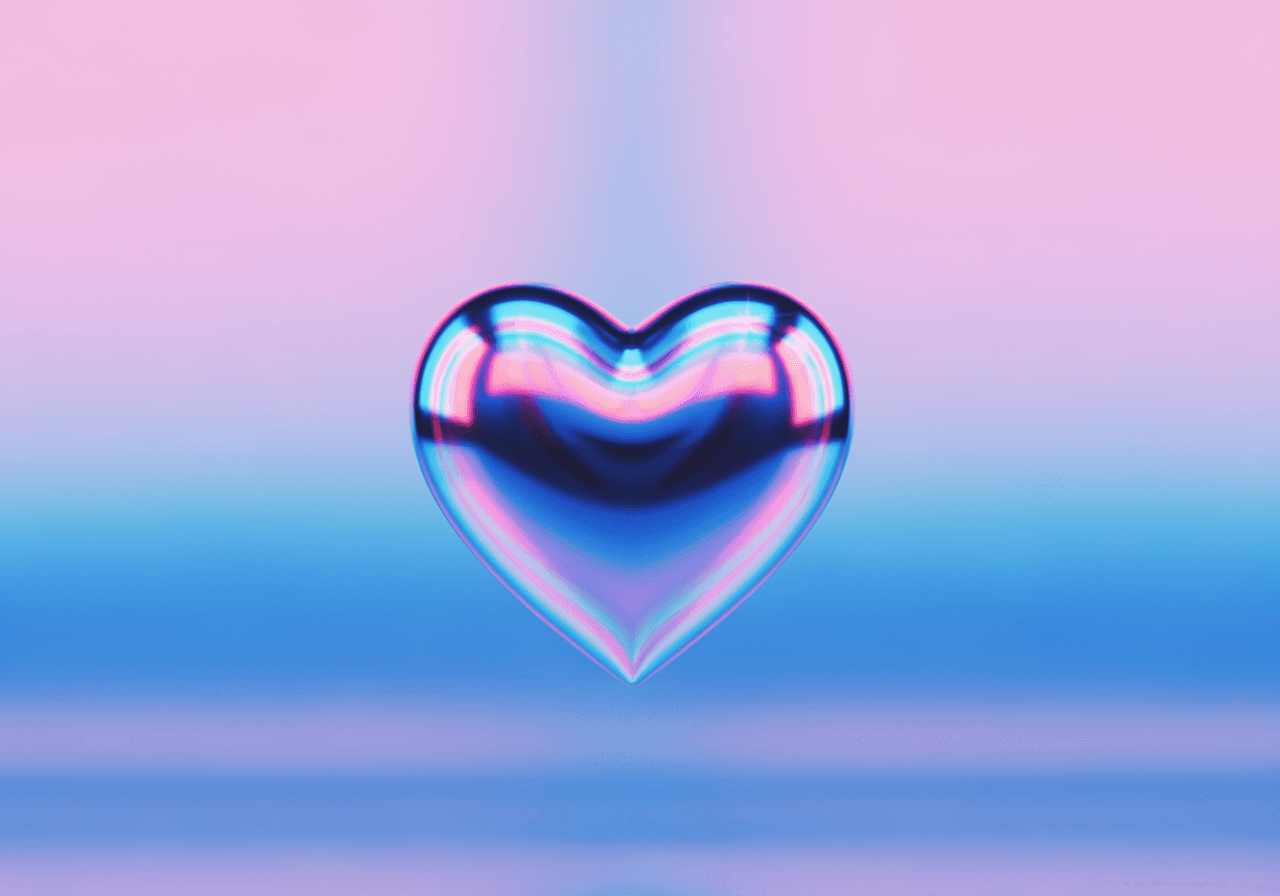 Sfondo minimalista in stile Y2K con un cuore 3D cromato su uno sfondo sfumato rosa pastello e blu.