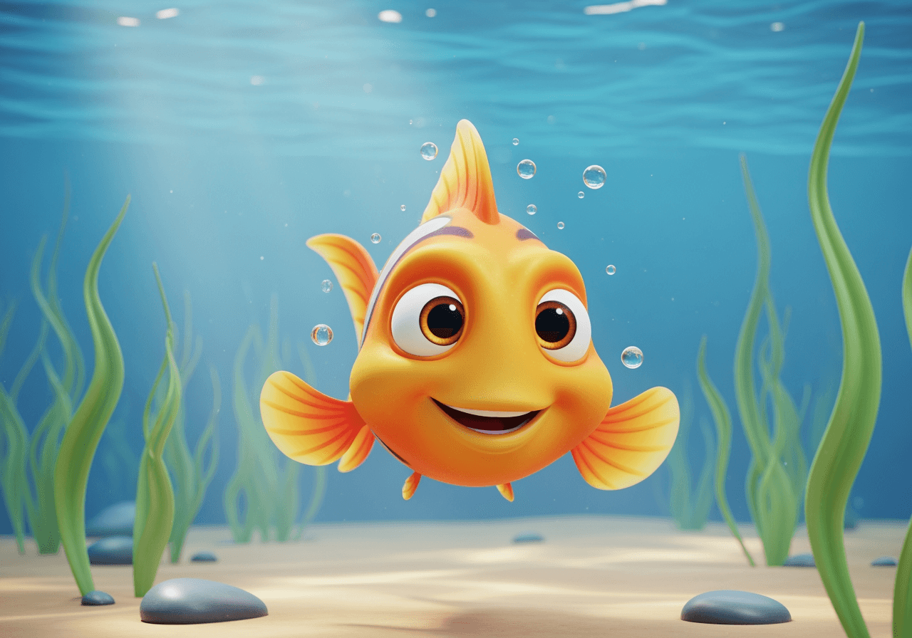 Un mignon personnage de poisson cartoon 3D nageant dans un environnement sous-marin propre, format 4:3