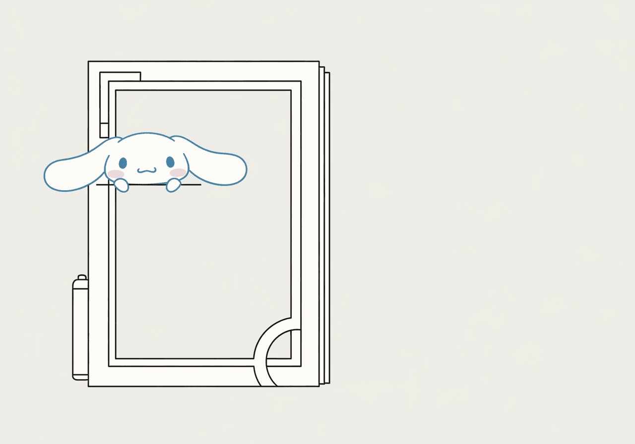 Imagen principal minimalista con un lindo personaje de Cinnamoroll asomándose desde un marco de página para colorear