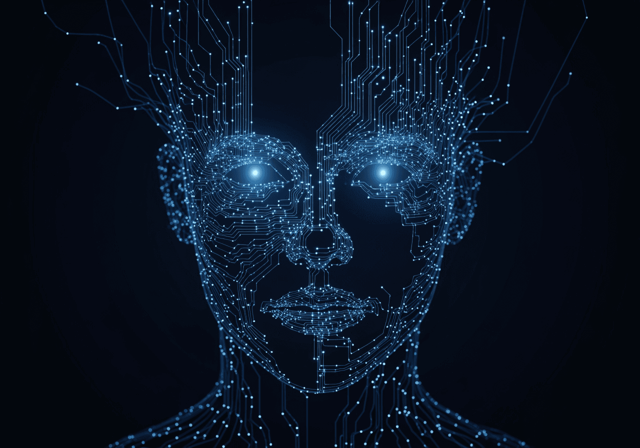 AI顔描画ジェネレーターを象徴する抽象的なデジタル顔