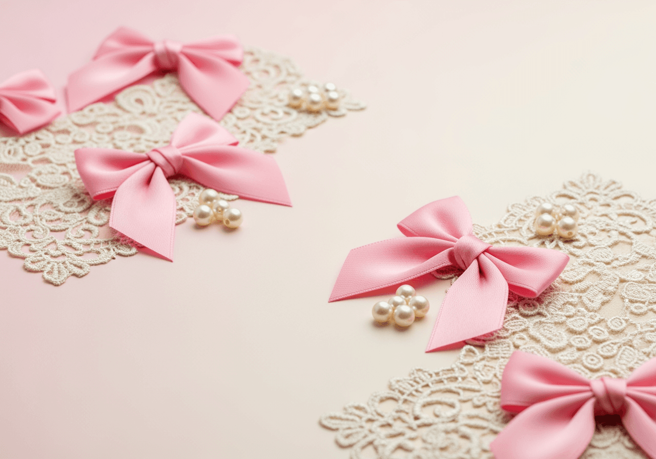 コケットスタイルのピンクのサテンリボン、ヴィンテージレース、パールをあしらった夢のような壁紙。