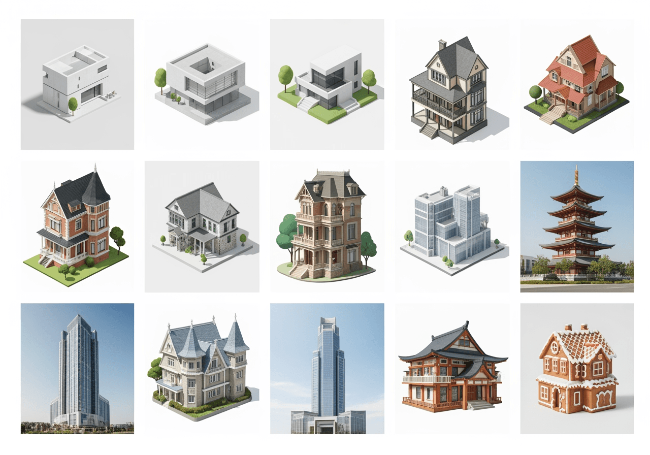 Collage verschiedener Haus- und Gebäudestile, generiert von KI