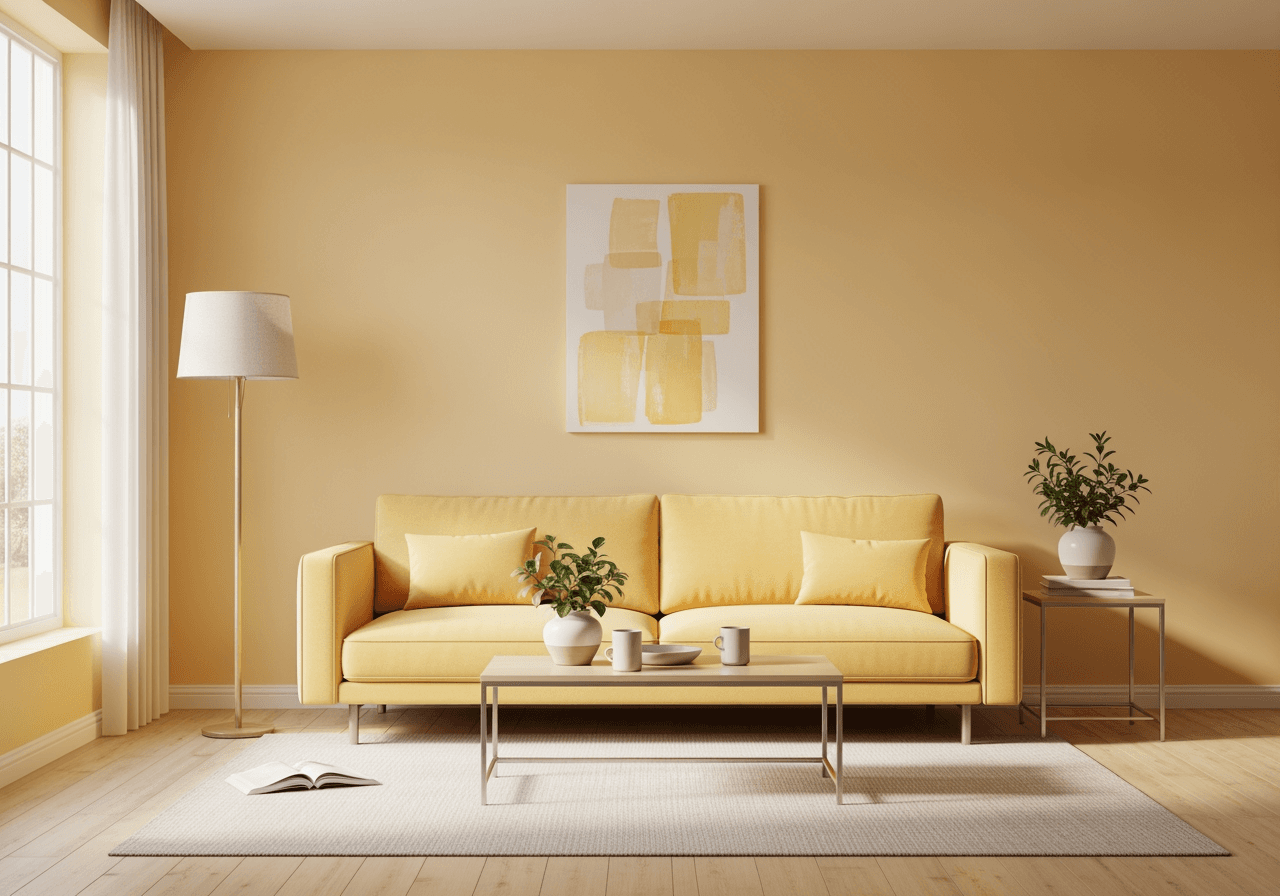 부드러운 자연광이 비추는 따뜻한 라이트 옐로우 톤의 모던하고 미니멀한 거실 인테리어