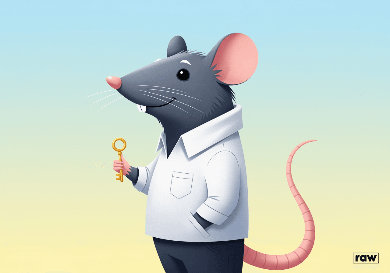 Illustrazione di un simpatico personaggio di topo che tiene una chiave