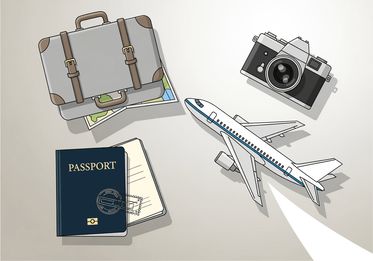 Saubere und moderne Illustration mit verschiedenen Reisesymbolen