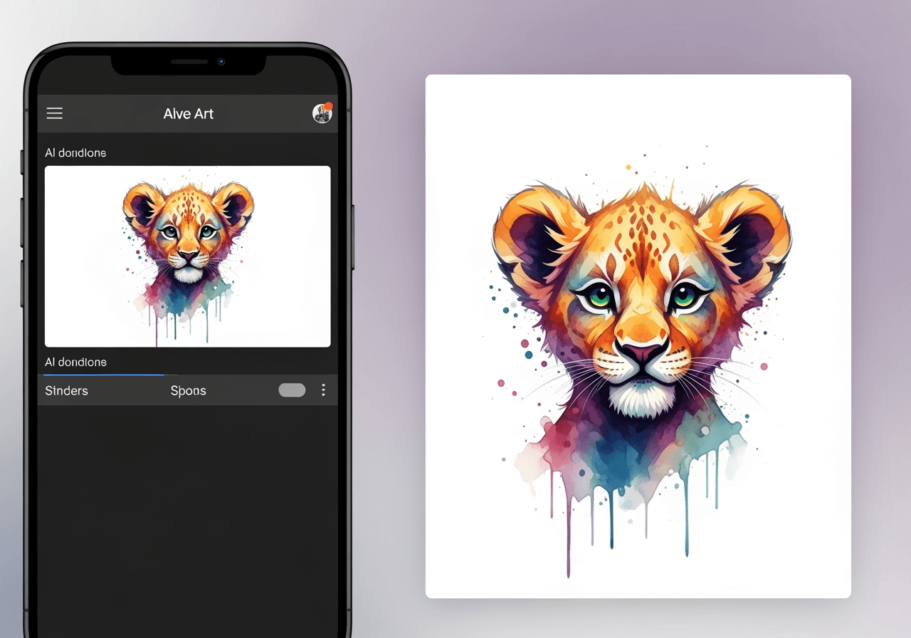 AIによって生成された、鮮やかな水彩スタイルのライオンの絵が中央に配置された、ミニマリストなデジタルアートインターフェース。