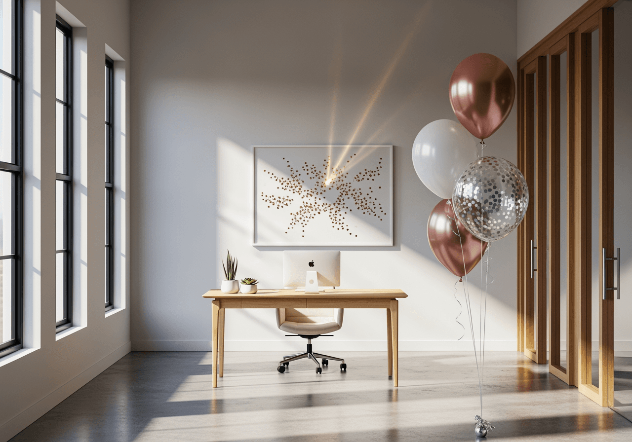 밝고 현대적인 사무실에서 열리는 입사 기념일 축하