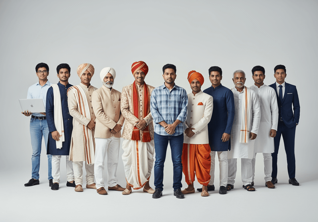 Portrait de groupe propre et moderne mettant en scène divers hommes indiens