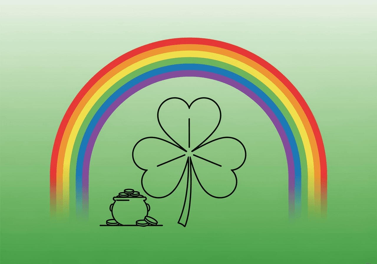 クローバー、金の壺、虹がクリーンでモダンなベクターアートスタイルで描かれた、象徴的なセント・パトリック・デーのテーマグラフィック。