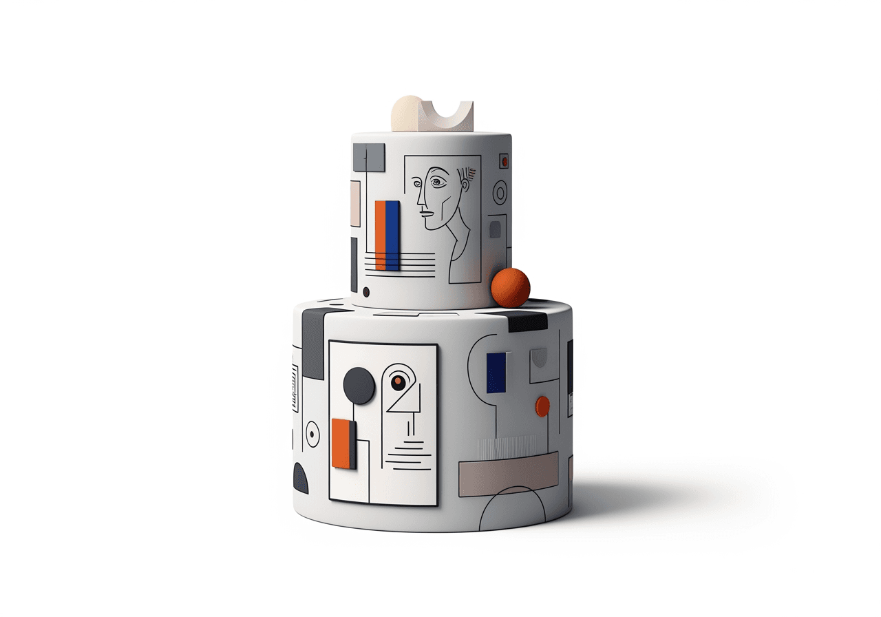 다양한 예술적 스타일을 상징하는 추상적인 요소가 통합된 세련된 케이크 일러스트