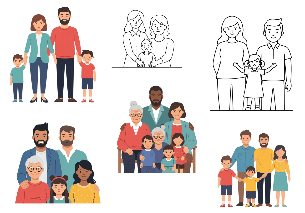 Collage di diversi clipart familiari in vari stili