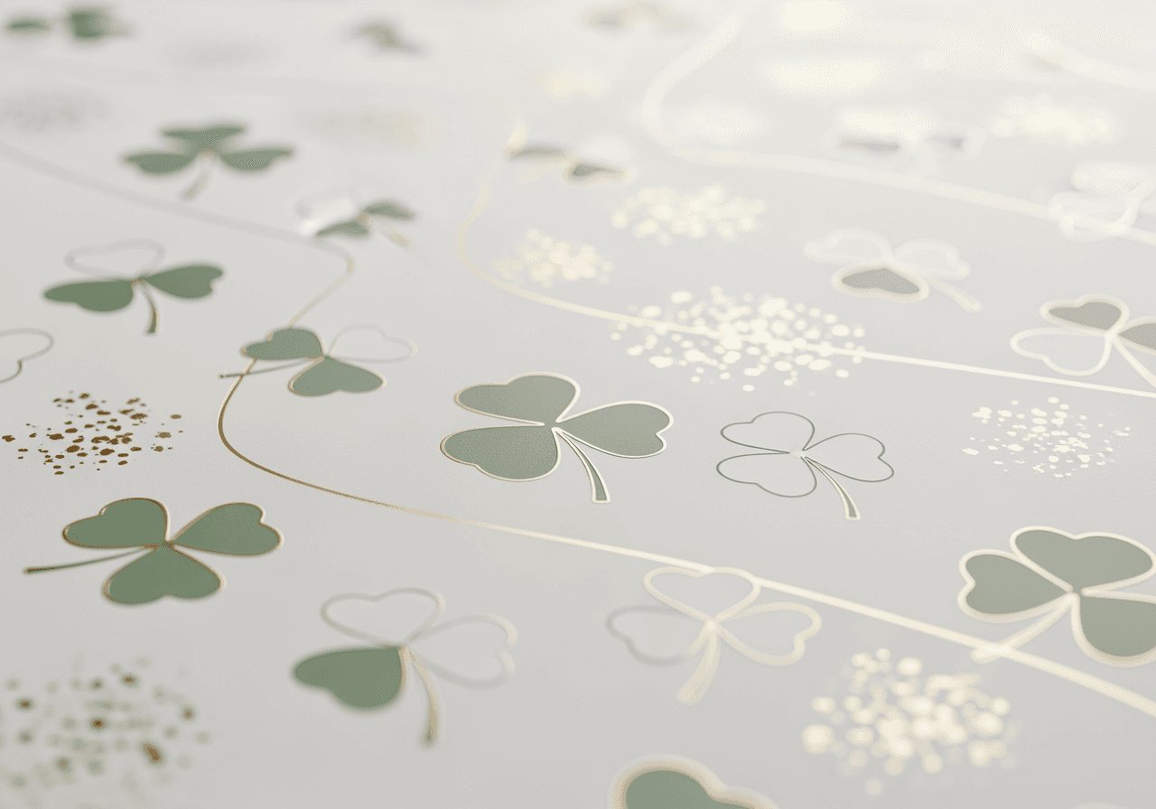 Fondo minimalista y elegante con temática del Día de San Patricio con sutiles patrones de tréboles y acentos dorados, relación de aspecto 4:3.