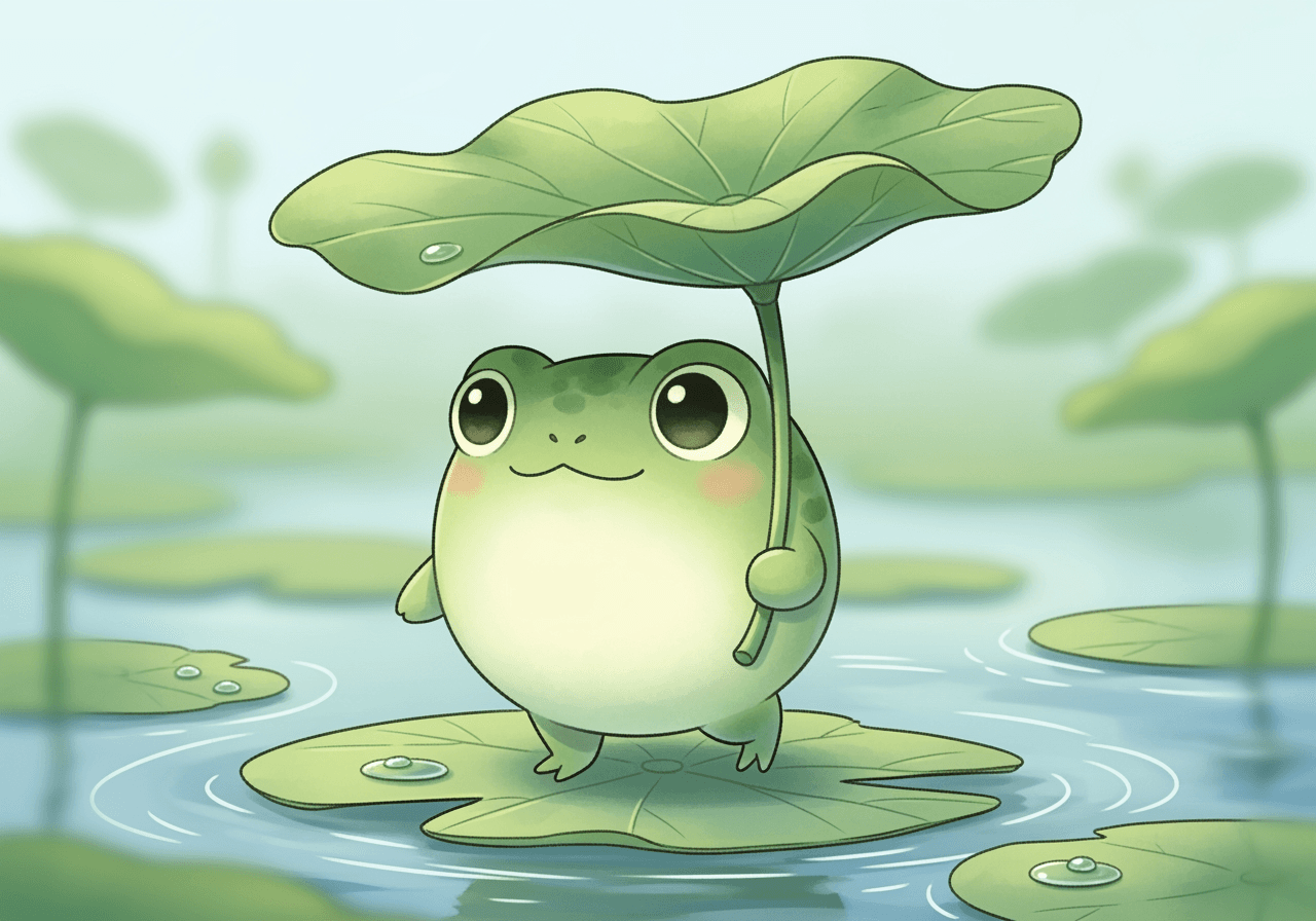 Niedlicher Froschcharakter mit einem Lotosblatt-Regenschirm