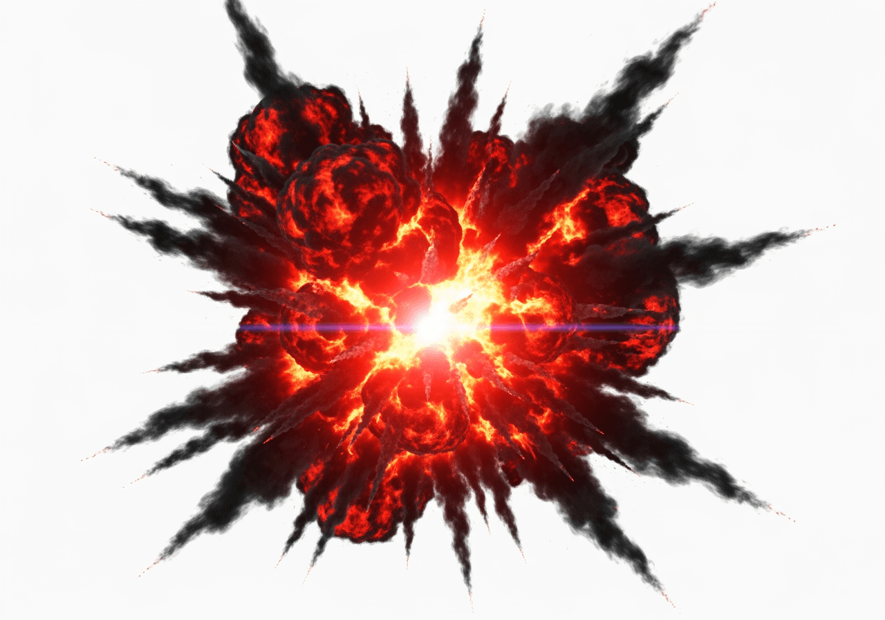 Explosión con llamas rojas y humo negro sobre un fondo blanco