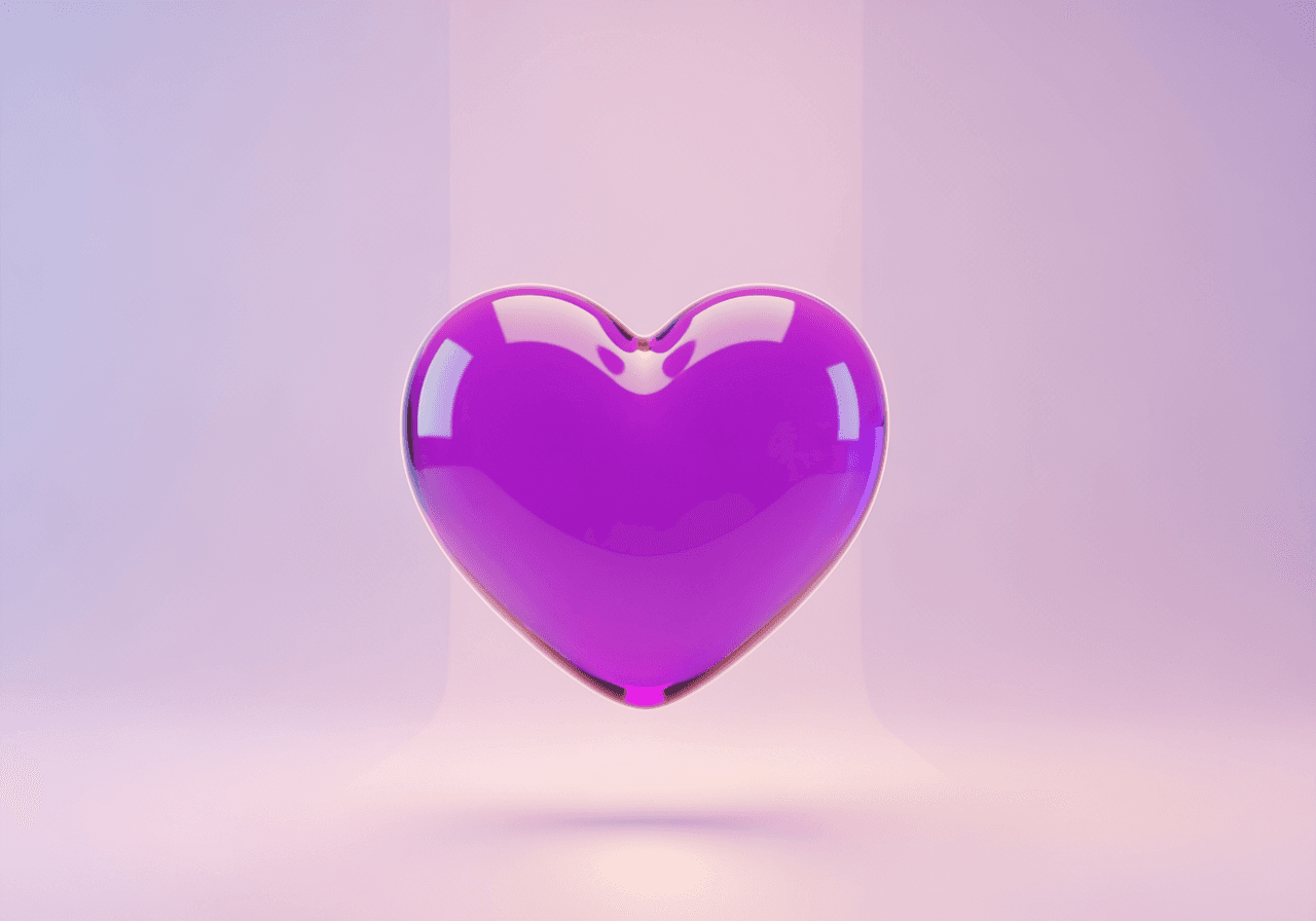 带有玻璃质感的3D紫色爱心表情符号，背景为柔和的粉彩