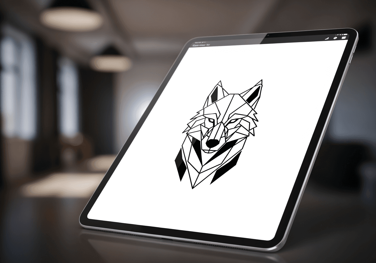 Schermata principale del generatore di stencil per tatuaggi AI che mostra uno stencil di lupo in fase di creazione su un tablet