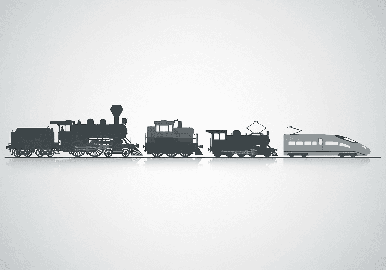 Silhuetas de trens em transição de diferentes épocas, proporção 4:3.
