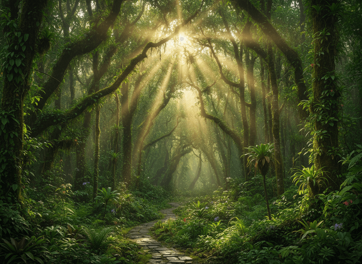 빽빽한 우림의 캐노피를 뚫고 들어오는 햇살, 울창한 초록빛이 가득한 초고해상도 바탕화면.